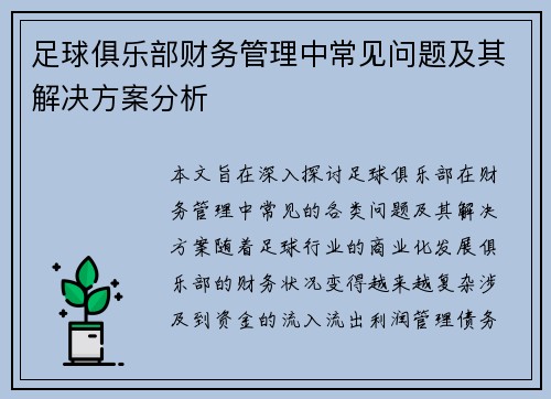 足球俱乐部财务管理中常见问题及其解决方案分析