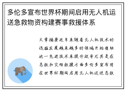 多伦多宣布世界杯期间启用无人机运送急救物资构建赛事救援体系
