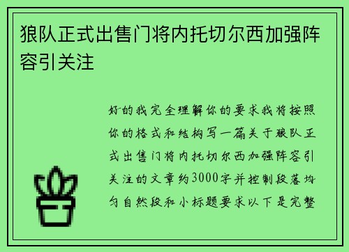 狼队正式出售门将内托切尔西加强阵容引关注